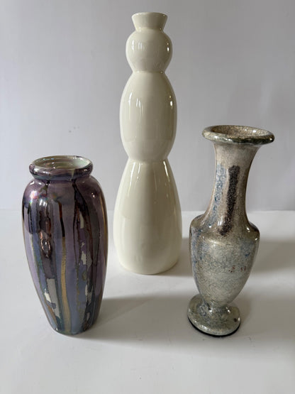 Lot of 3 Decorative Art Glass Vases Purple Iridescent White Silver Bubble Glass