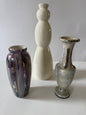 Lot of 3 Decorative Art Glass Vases Purple Iridescent White Silver Bubble Glass