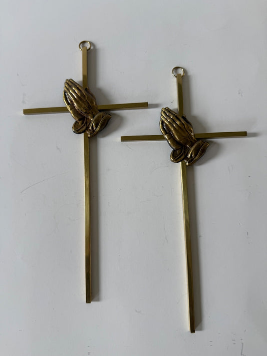 Vintage Brass Praying Hands Wall Crosses Set of 2 Religious Christian Wall Decor