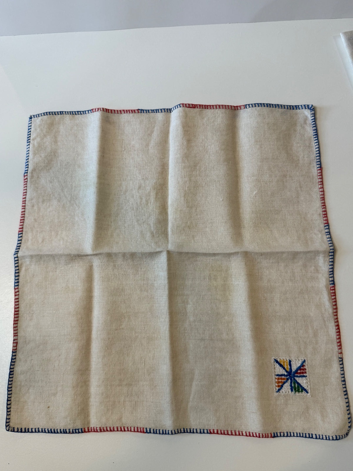 Vintage Linen Cocktail Napkins Set of 6 Embroidered Red Blue Stitching