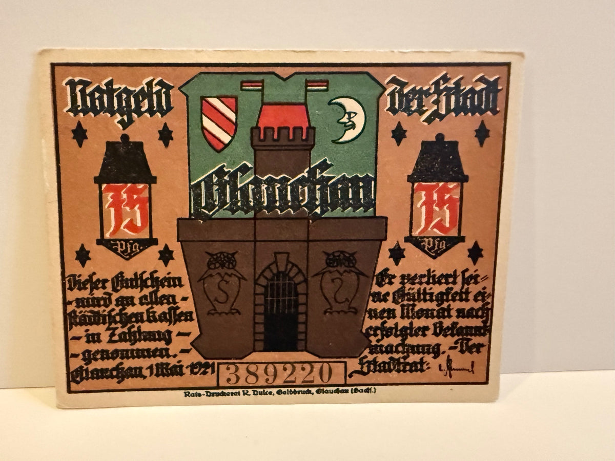 1921 Germany Glauchau 75 Pfennig Notgeld Beer War Historic Series - 117
