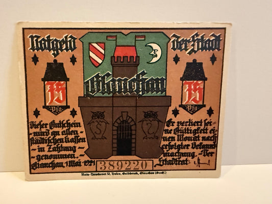 1921 Germany Glauchau 75 Pfennig Notgeld Beer War Historic Series - 117