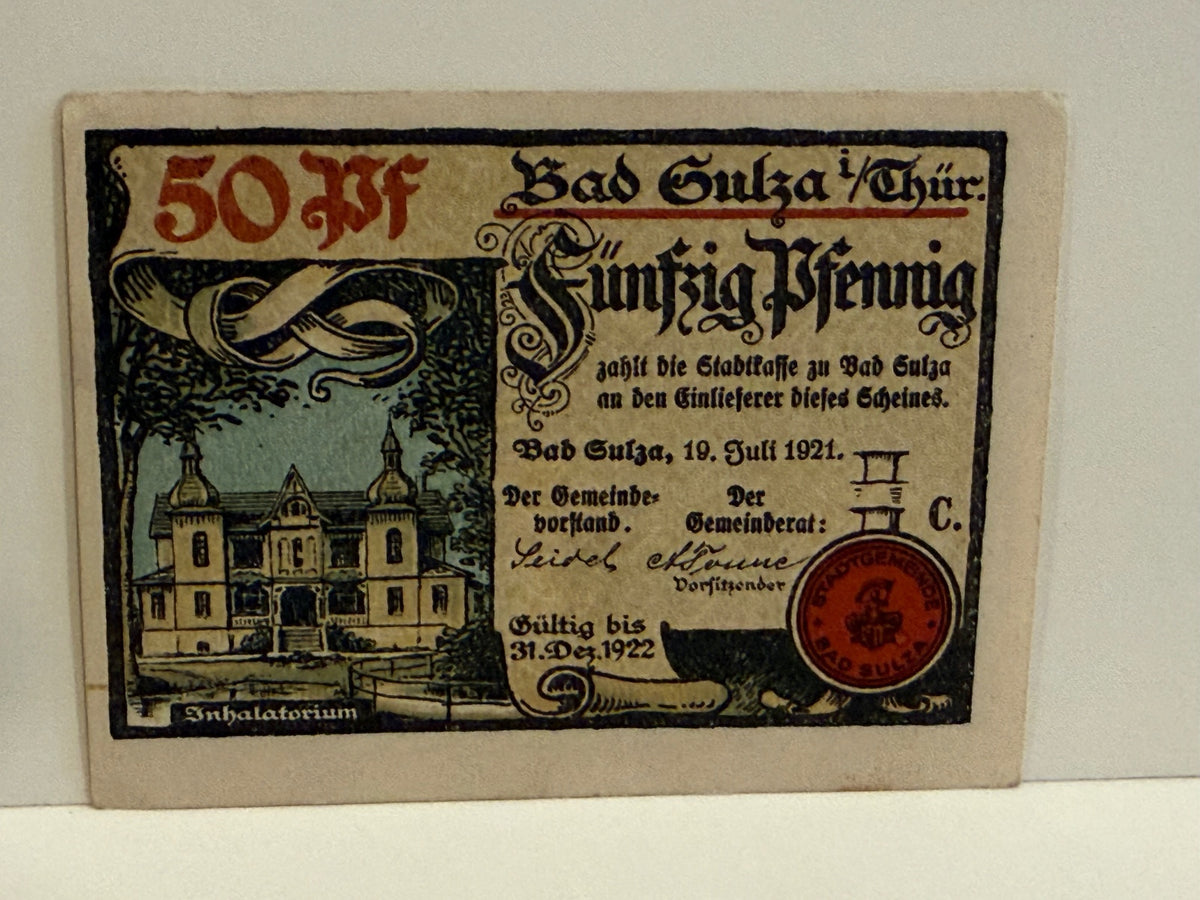 1921 Germany Bad Sulza 50 Pfennig Notgeld Spa Inhalatorium Trinkhalle
