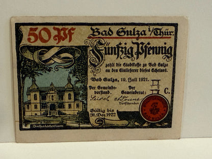1921 Germany Bad Sulza 50 Pfennig Notgeld Spa Inhalatorium Trinkhalle