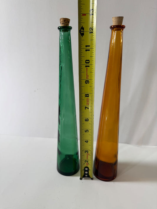 Vintage Hand Blown Art Glass Decanter Bottle Pair Green Amber 12” Cork Stoppers
