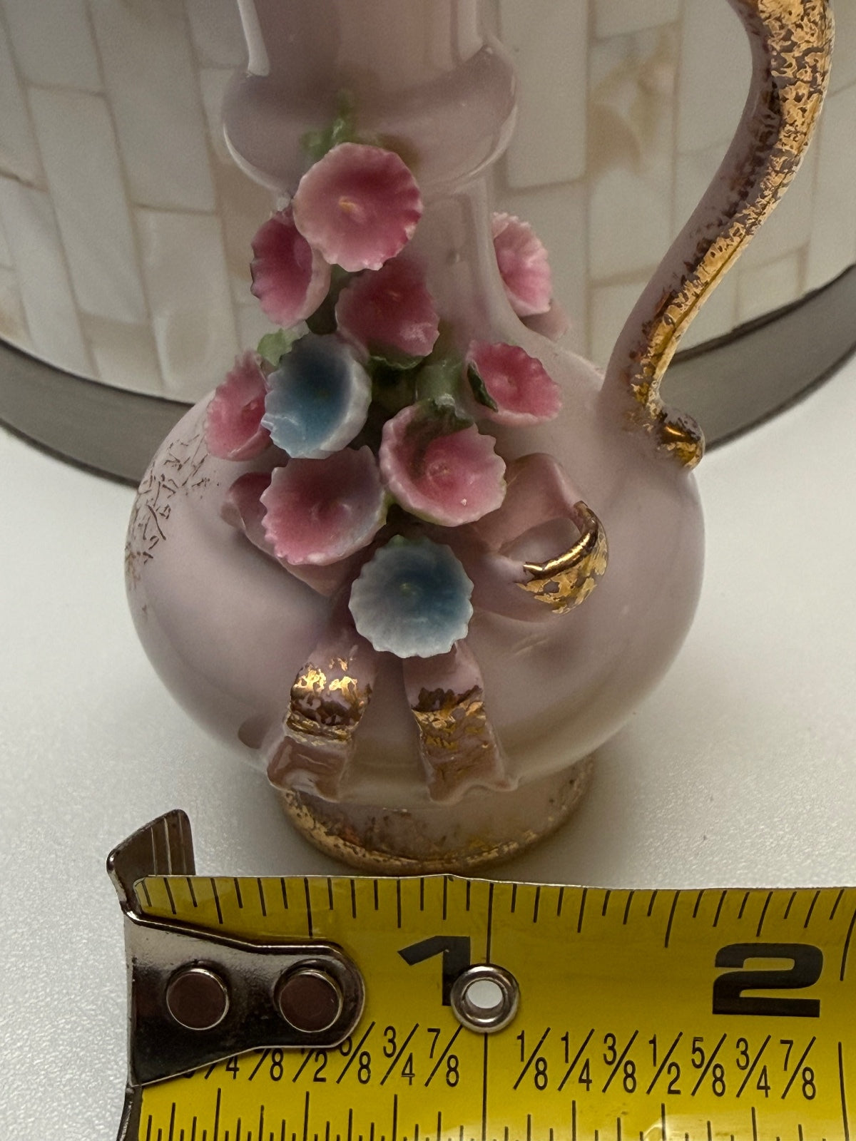 Vintage Lefton China Pink Floral Pitcher Vase Hand Painted Japan 4” – alternate product view 7 of 7