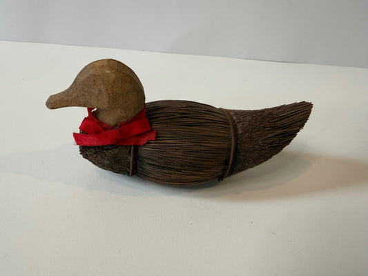 Vintage Handmade Wood & Reed Duck Decoy Figurine Red Ribbon Rustic Decor