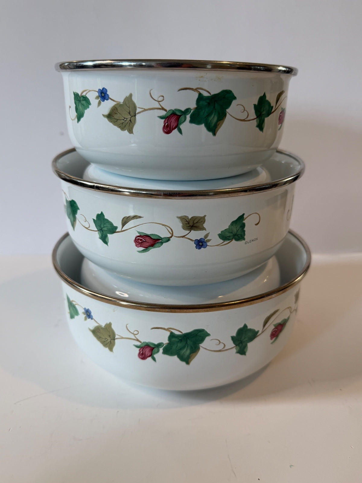 Lenox 3 Pc Nesting Serving Bowl Set Ivy Rosebud Platinum Trim 6, 7, 8 Inch
