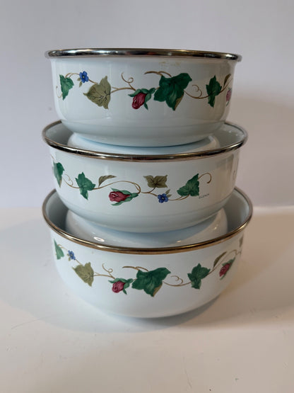 Lenox 3 Pc Nesting Serving Bowl Set Ivy Rosebud Platinum Trim 6, 7, 8 Inch