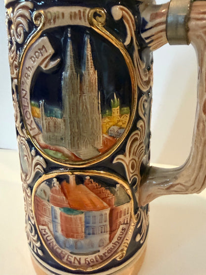 Vintage GERZ W Germany Beer Stein Pewter Lid German Cities Relief 10”