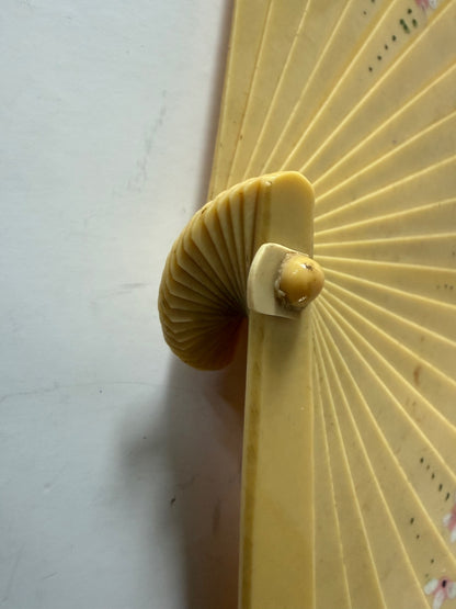 Vintage Japanese Celluloid Folding Hand Fan Hand Painted Floral Pierced Design