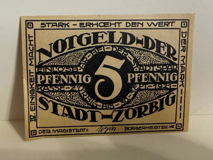 1921 Zörbig Germany 5 Pfennig Notgeld Emergency Money - 252