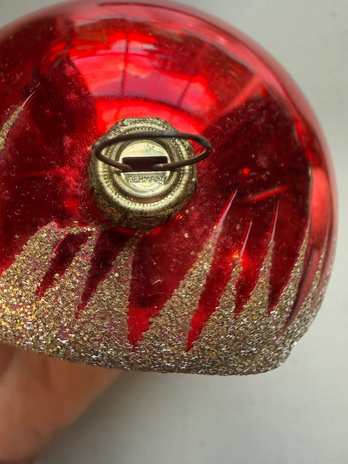 Vintage Germany Glass Diorama Angel Christmas Ornament Red Gold 4”