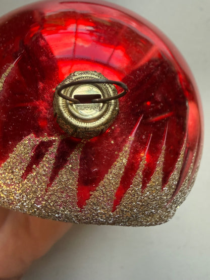 Vintage Germany Glass Diorama Angel Christmas Ornament Red Gold 4”