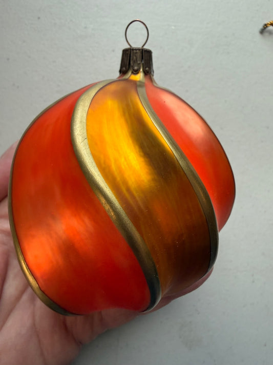 Vintage Germany Blown Glass Christmas Ornament Orange Gold Swirl 3.5”