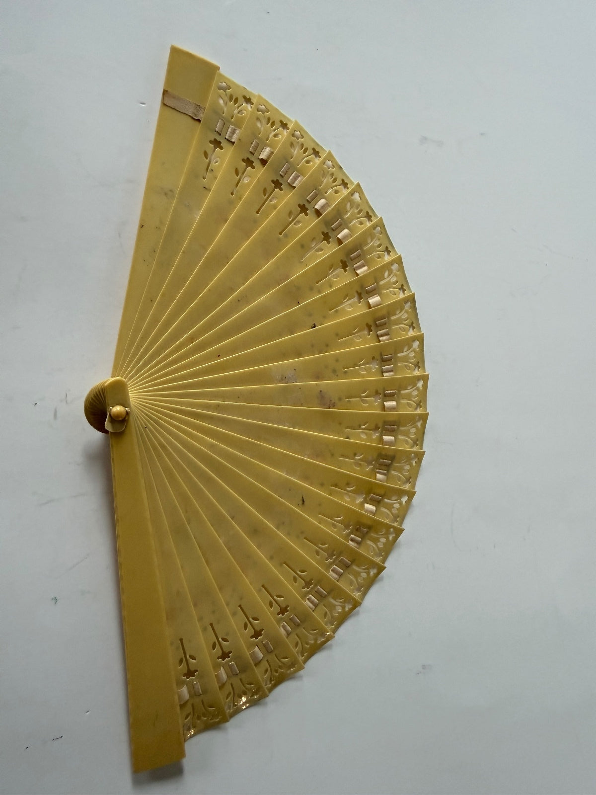 Vintage Japanese Celluloid Folding Hand Fan Hand Painted Floral Pierced Design