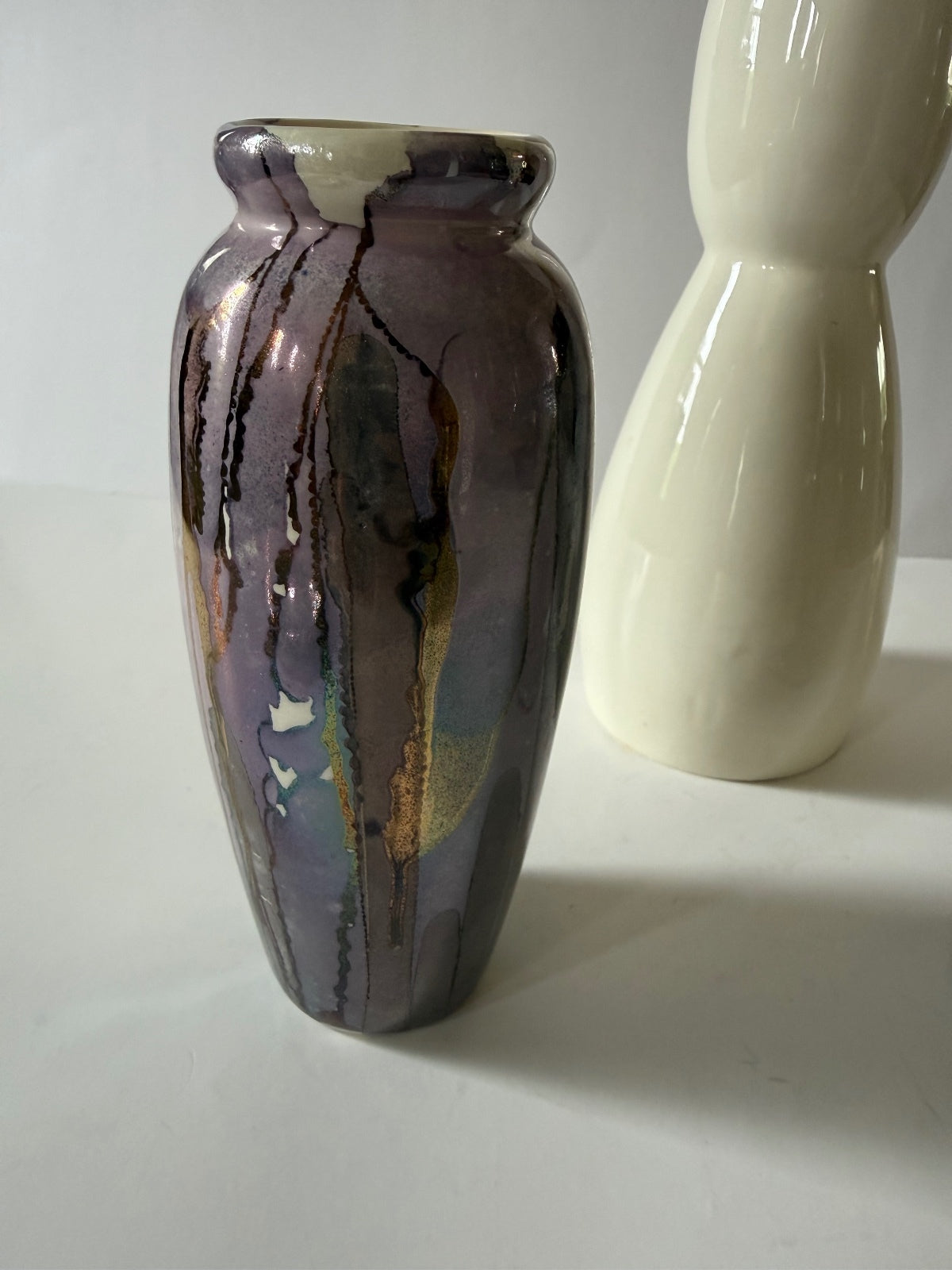 Lot of 3 Decorative Art Glass Vases Purple Iridescent White Silver Bubble Glass