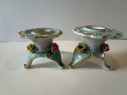 Vintage German Dresden-Style Rose Candlestick Holders Pair — product photograph 1