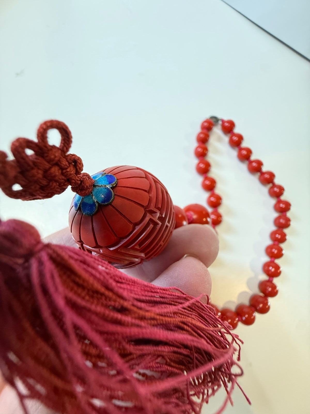 Vintage Chinese Red Bead Cinnabar Shou Necklace SILVER Clasp Tassel 30” – alternate product view 7 of 8