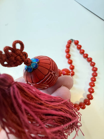 Vintage Chinese Red Bead Cinnabar Shou Necklace SILVER Clasp Tassel 30” – alternate product view 7 of 8
