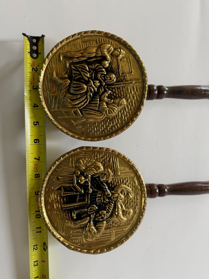 Vintage England Brass Bed Warmer Style Wall Plaques Dutch Scene Wood Handle 2pc
