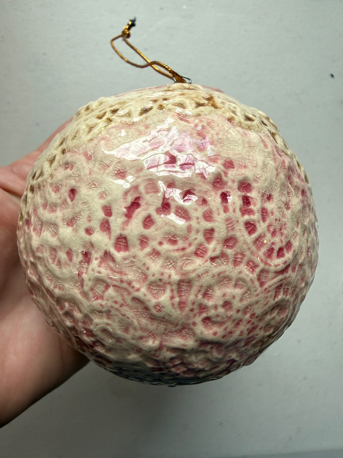 Vintage Ceramic Christmas Ornament Pink Floral Crackle Glaze 3.5”