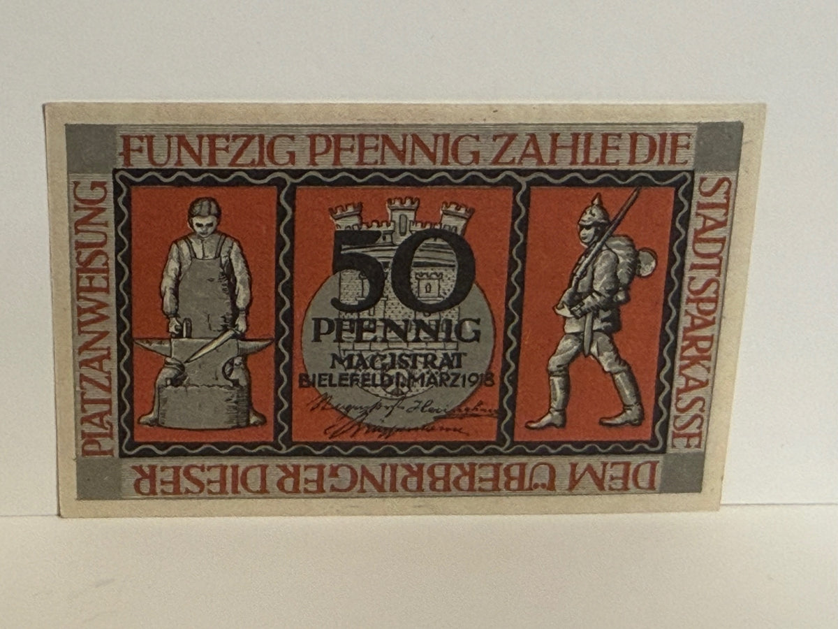 1918 Bielefeld Germany 50 Pfennig Notgeld – WWI Kriegsplatzanweisung - 257