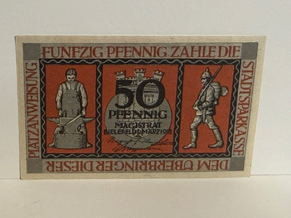 1918 Bielefeld Germany 50 Pfennig Notgeld – WWI Kriegsplatzanweisung - 257