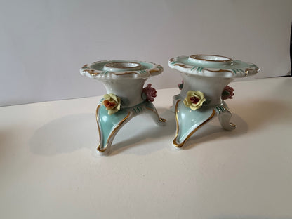 Vintage German Dresden-Style Rose Candlestick Holders Pair — product photograph 2