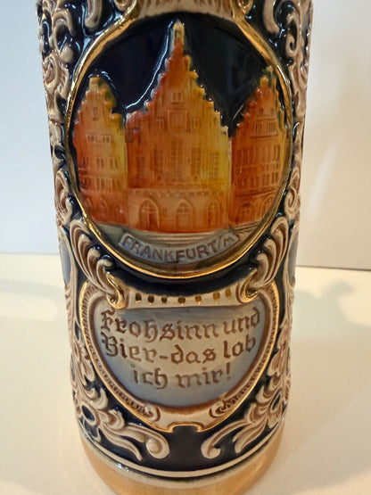 Vintage GERZ W Germany Beer Stein Pewter Lid German Cities Relief 10”