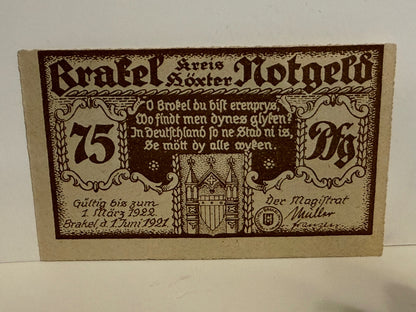 1921 Brakel Germany 75 Pfennig Notgeld – Christmas Weihnachtswunsch - 250