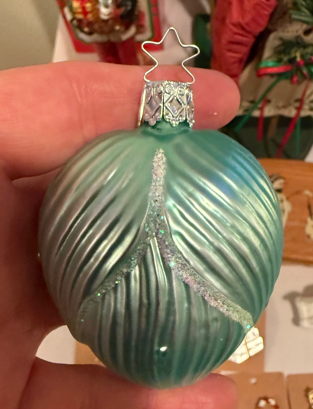 Collectible Vintage Germany Glass Frog on Lily Pad Christmas Ornament Green – alternate product view 2 of 3