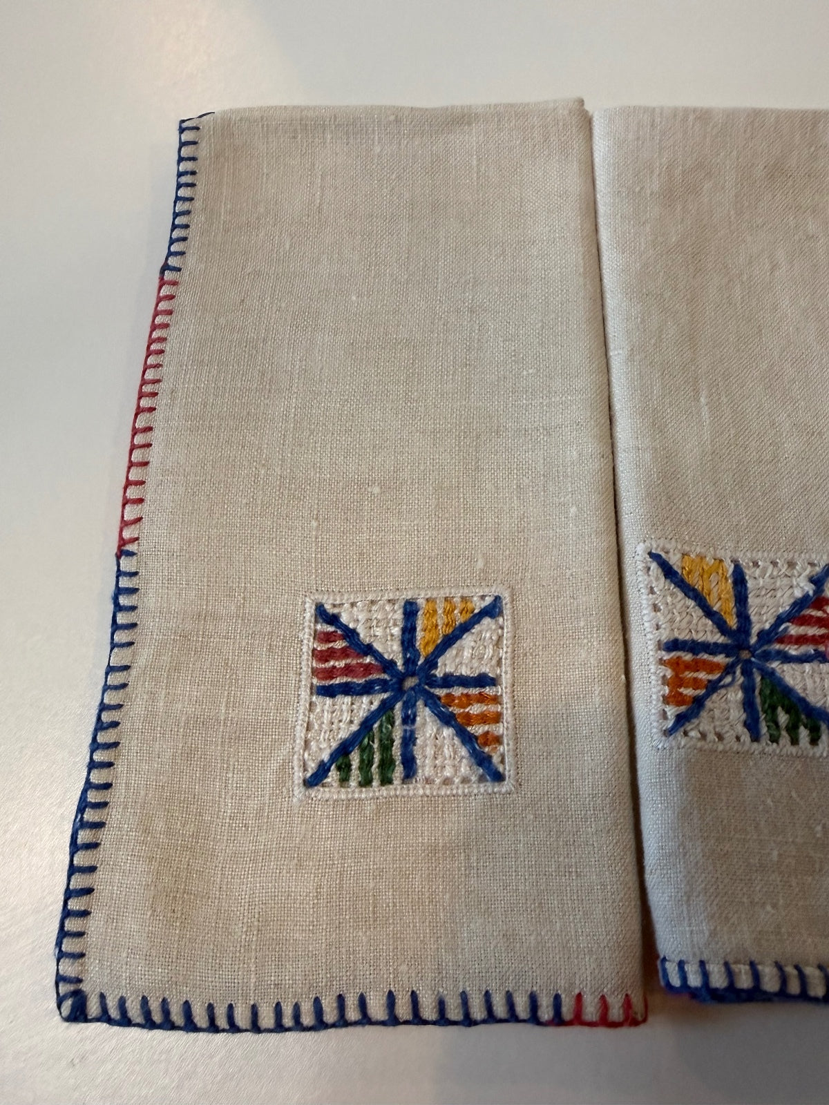 Vintage Linen Cocktail Napkins Set of 6 Embroidered Red Blue Stitching
