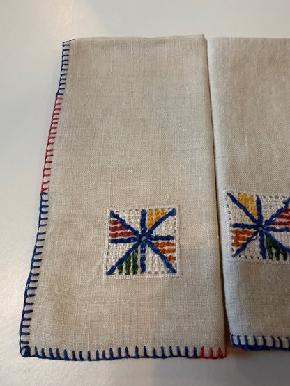 Vintage Linen Cocktail Napkins Set of 6 Embroidered Red Blue Stitching