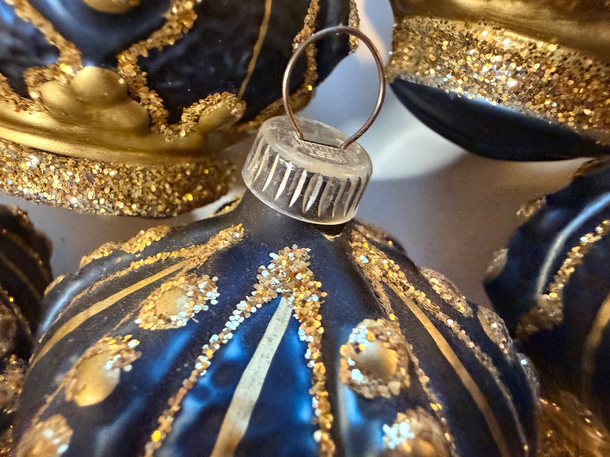 6 Vintage Blue Gold Glass Christmas Ornaments Glitter Molded Set – alternate product view 3 of 11