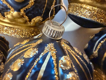 6 Vintage Blue Gold Glass Christmas Ornaments Glitter Molded Set – alternate product view 3 of 11