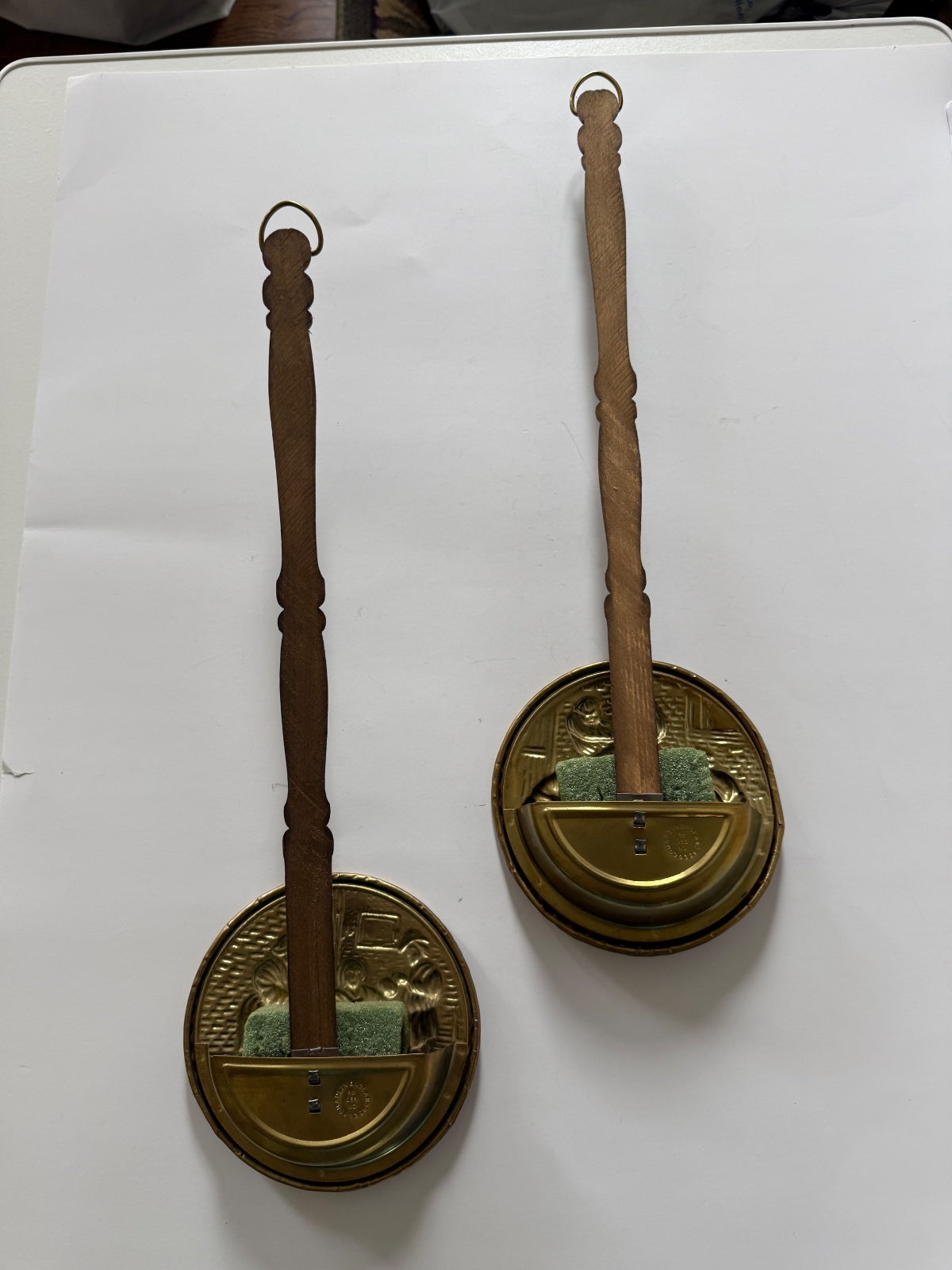 Vintage England Brass Bed Warmer Style Wall Plaques Dutch Scene Wood Handle 2pc