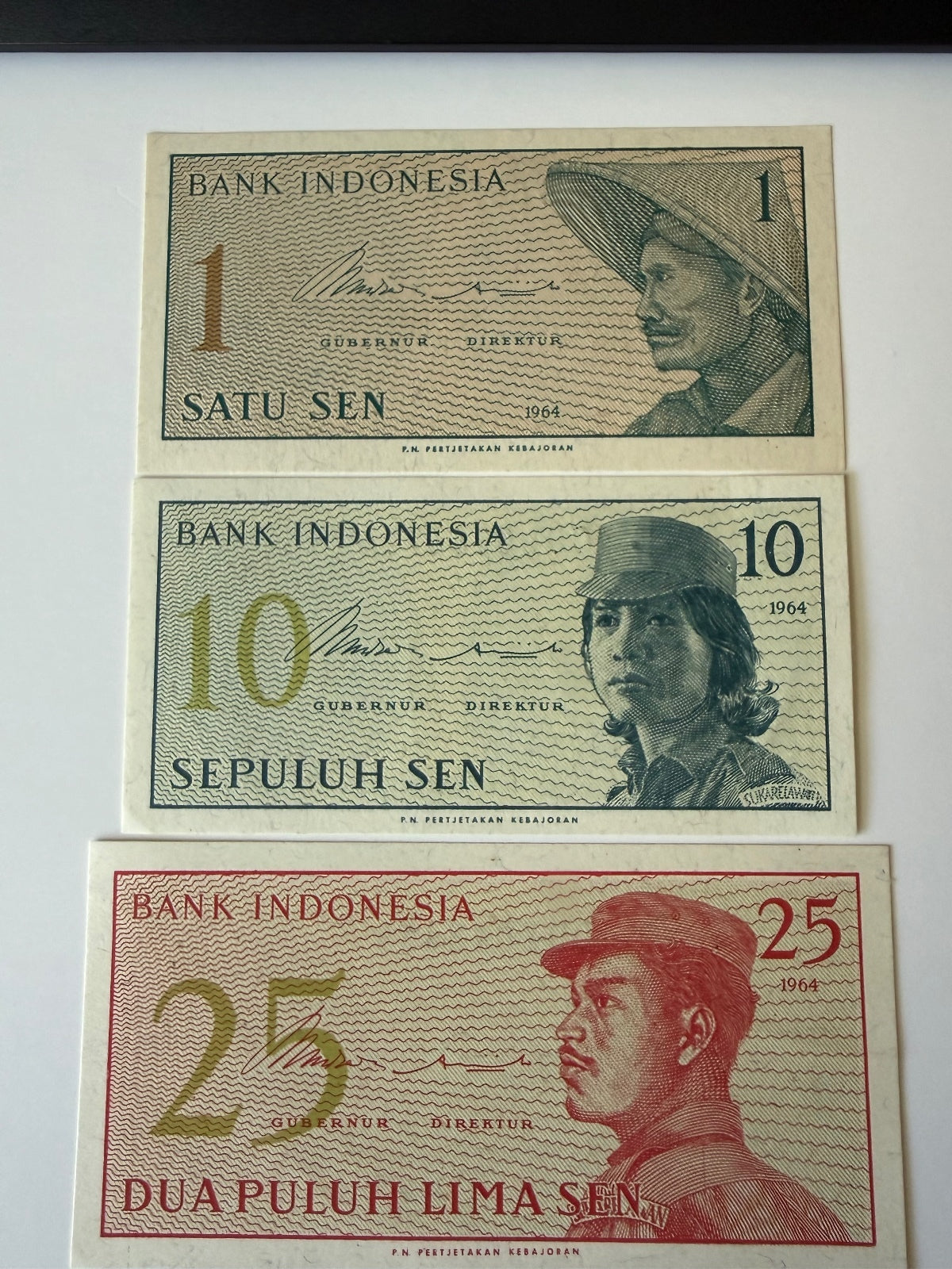 1964 Indonesia Banknotes 1 10 25 Sen Sukarelawan Volunteer Series 3 Note Lo-167