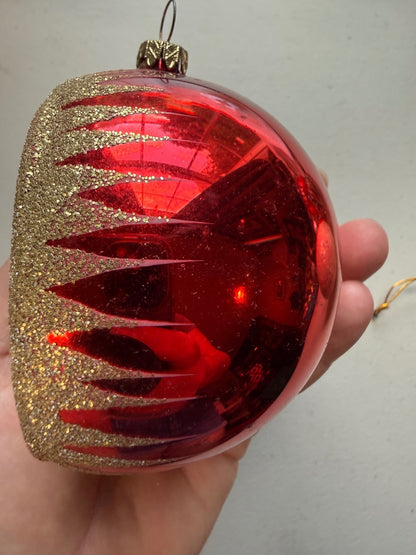 Vintage Germany Glass Diorama Angel Christmas Ornament Red Gold 4”