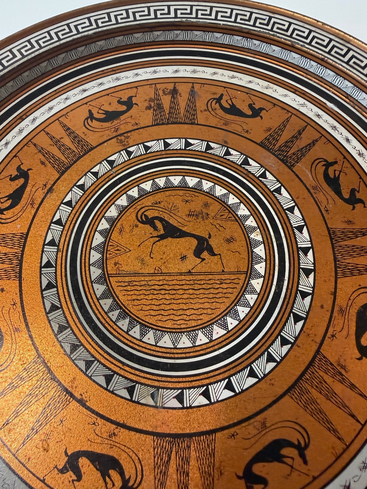 Grecian Etruscan Style Decorative Metal Tray 11.5” Greek Key Copper Tone