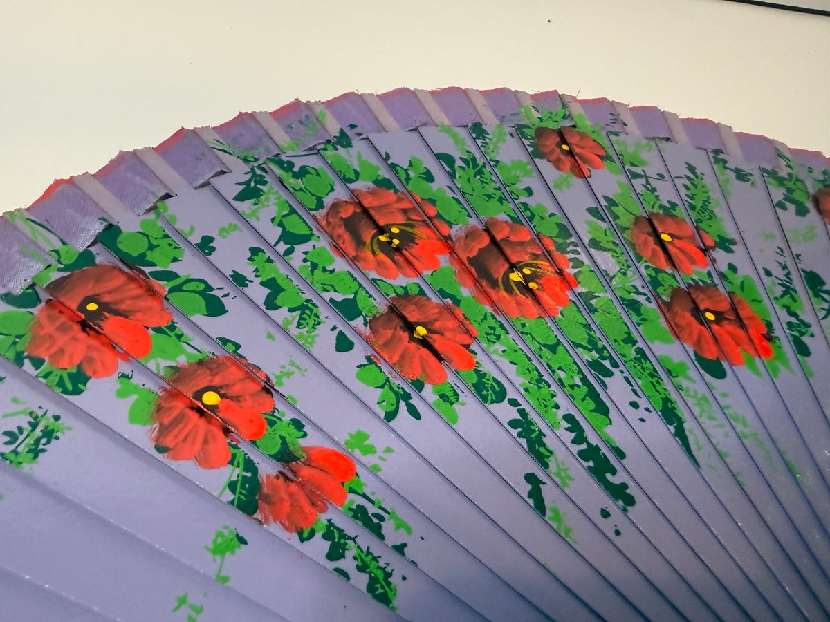 Vintage Purple Hand Painted Floral Folding Hand Fan Wood Abanico 17” – alternate product view 2 of 7