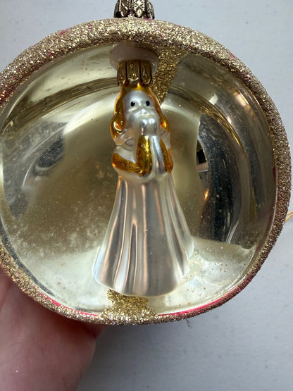 Vintage Germany Glass Diorama Angel Christmas Ornament Red Gold 4”
