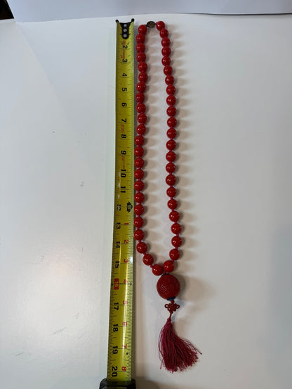 Vintage Chinese Red Bead Cinnabar Shou Necklace SILVER Clasp Tassel 30” – alternate product view 5 of 8