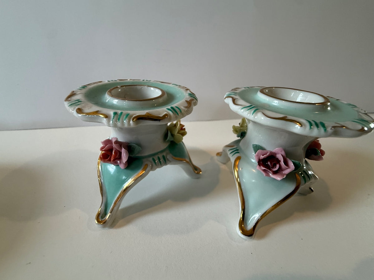 Vintage German Dresden-Style Rose Candlestick Holders Pair — product photograph 3