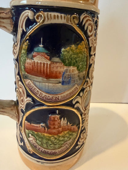 Vintage GERZ W Germany Beer Stein Pewter Lid German Cities Relief 10”