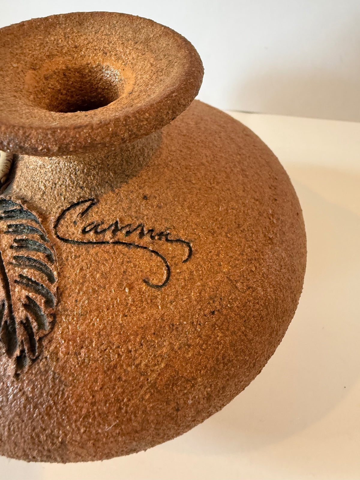 Signed Studio Pottery Vase Applied Floral Relief Art Pottery Rustic 5” Vase