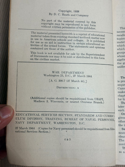 WWII War Dept Education Manual EM 315 College Algebra USAFI 1944 Original