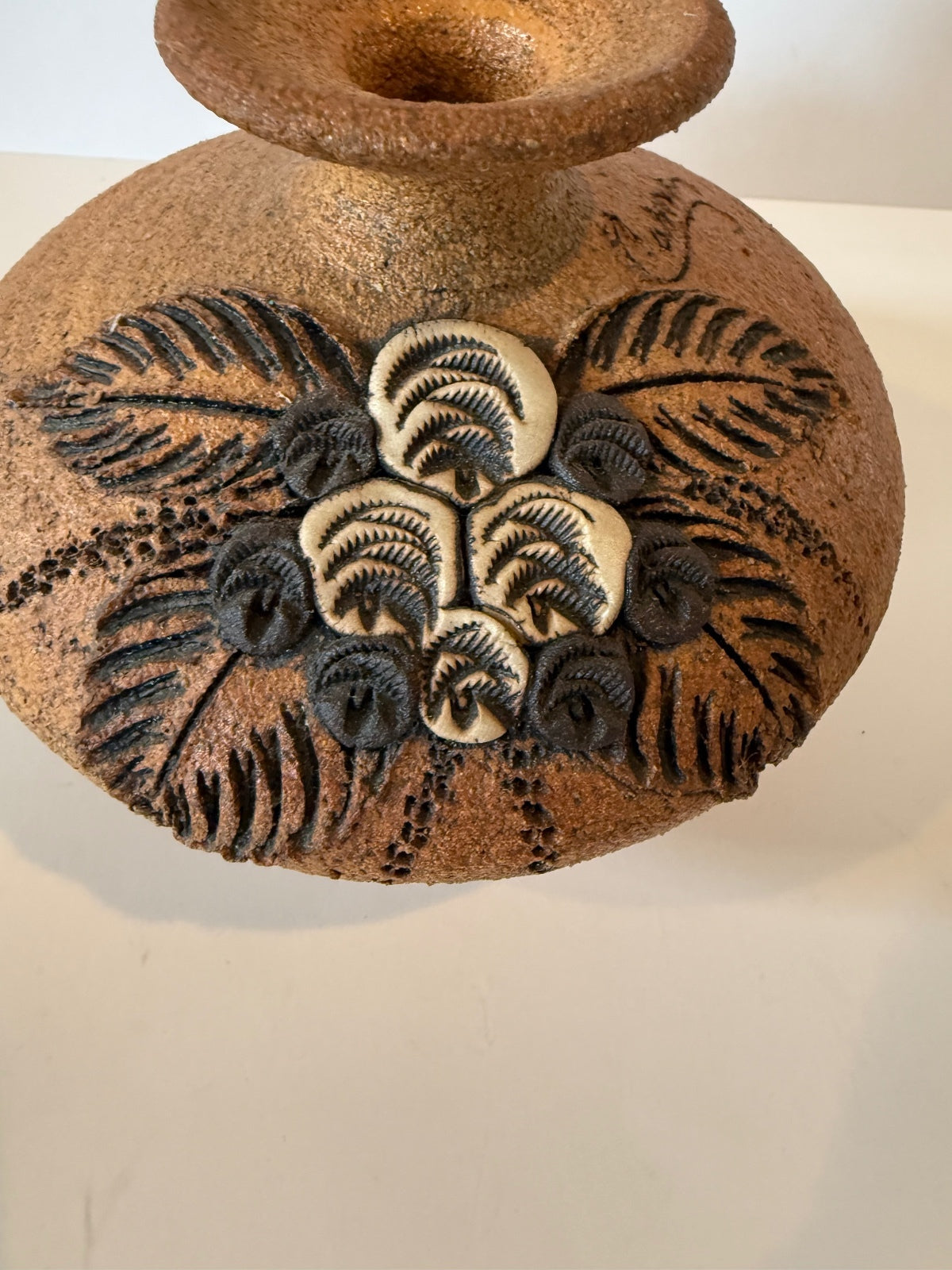 Signed Studio Pottery Vase Applied Floral Relief Art Pottery Rustic 5” Vase