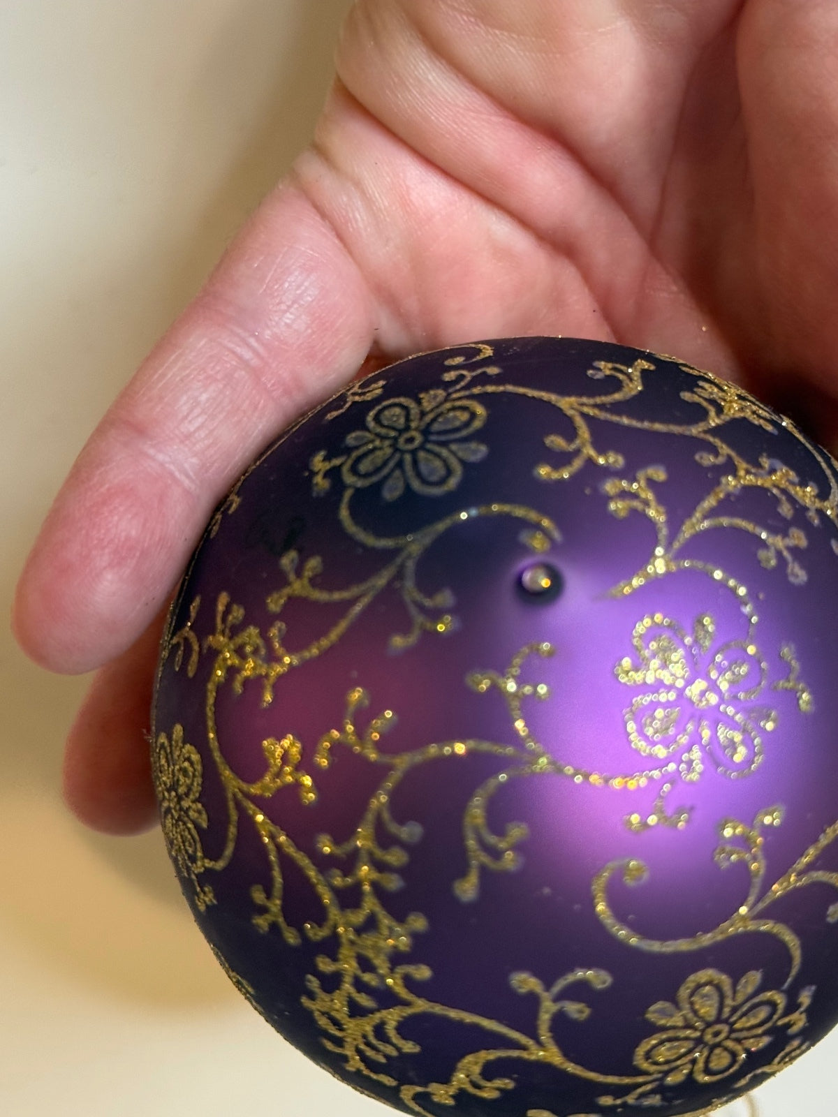 Vintage Krebs Germany Purple Glass Ornament Gold Floral Glitter 3” – alternate product view 4 of 6