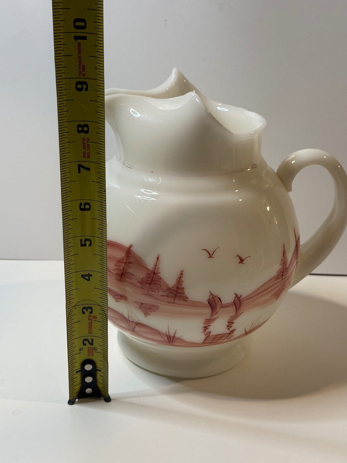 Vintage Dunbar Milk Glass Pitcher Hand Painted Sailboat Landscape 1940s – alternate product view 11 of 11